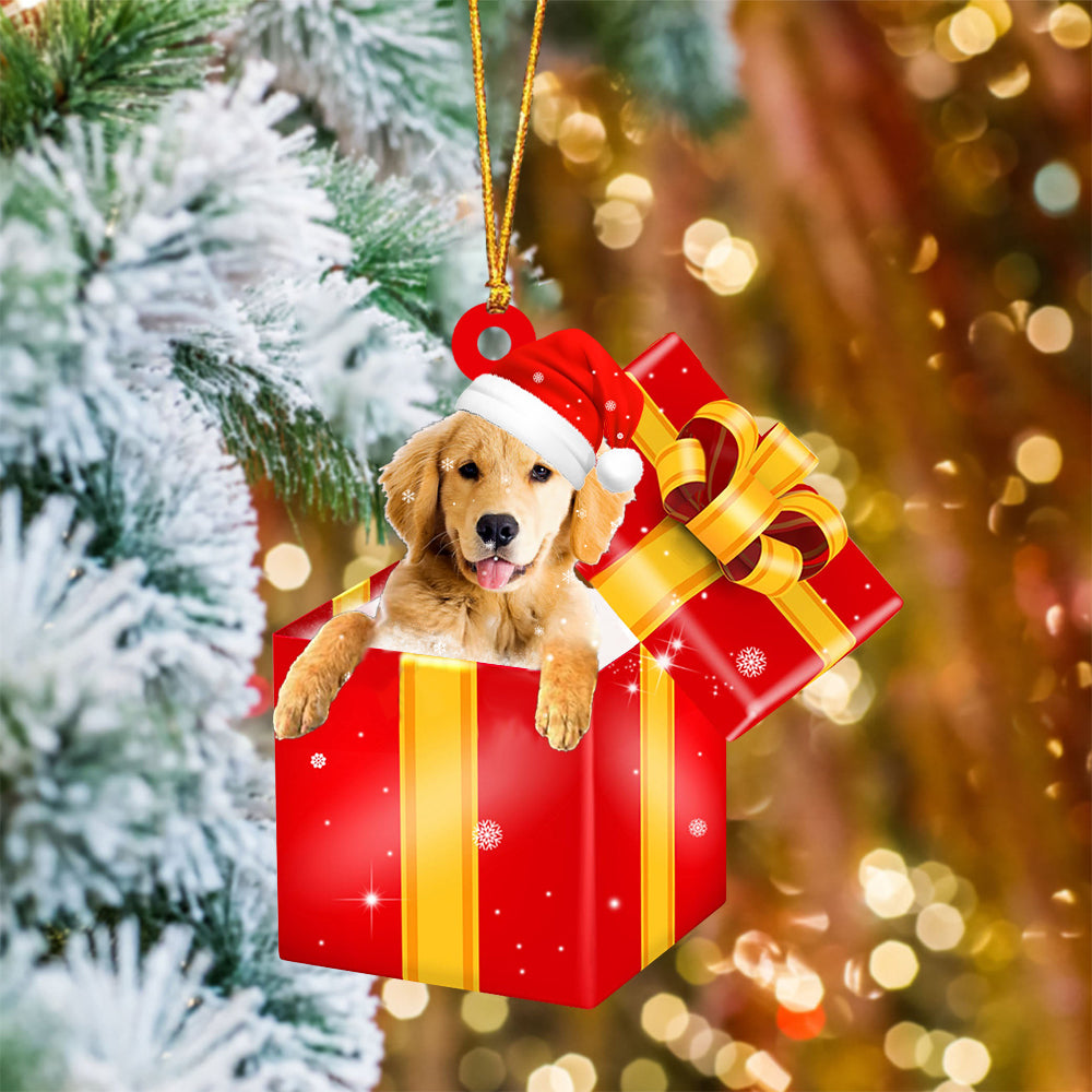 Golden Retriever In Red Gift Box Christmas Ornament - Holiday Dog Ornaments