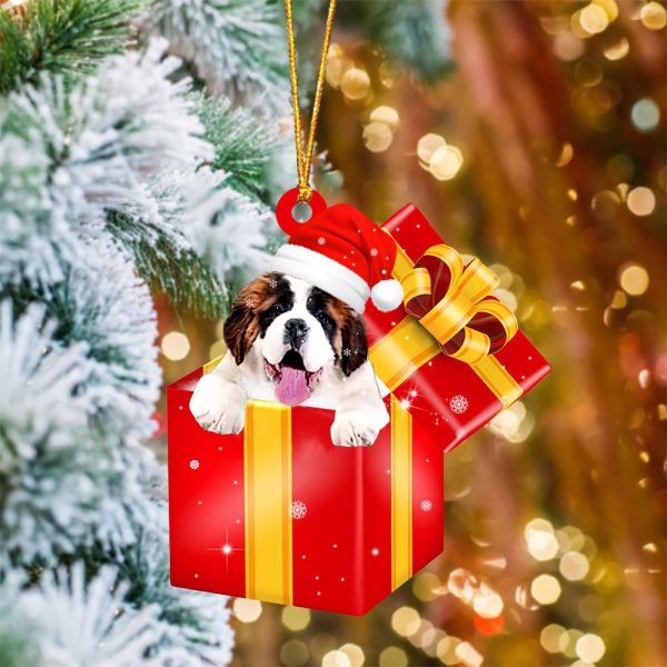 Saint Bernard In Red Gift Box Christmas Ornament – Holiday Dog Ornaments