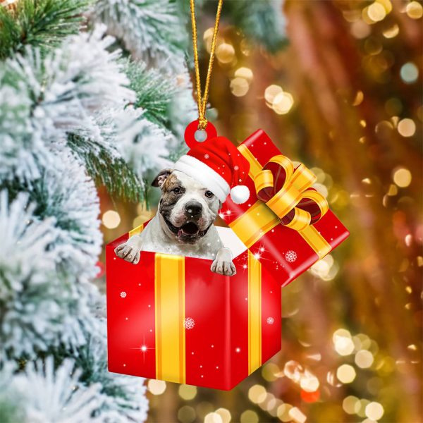 American BullDog In Red Gift Box Christmas Ornament – Holiday Dog Ornaments