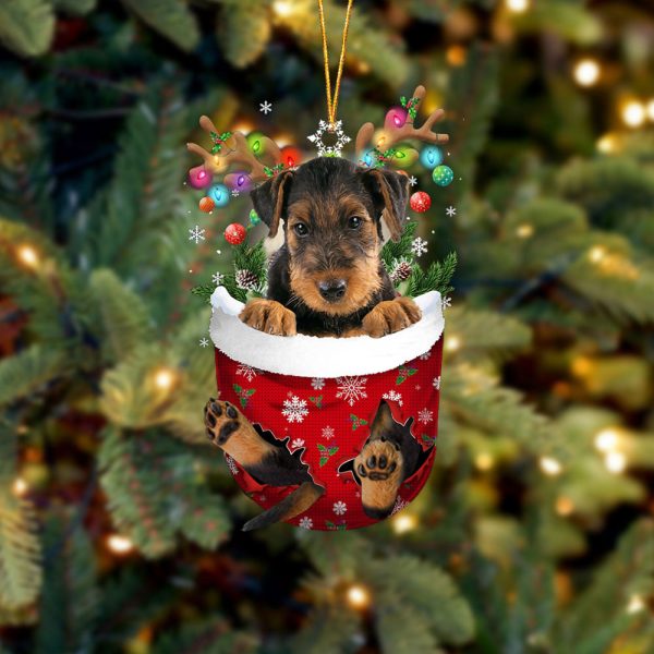 Airedale Terrier In Snow Pocket Christmas Ornament – Two Sided Christmas Plastic Hanging
