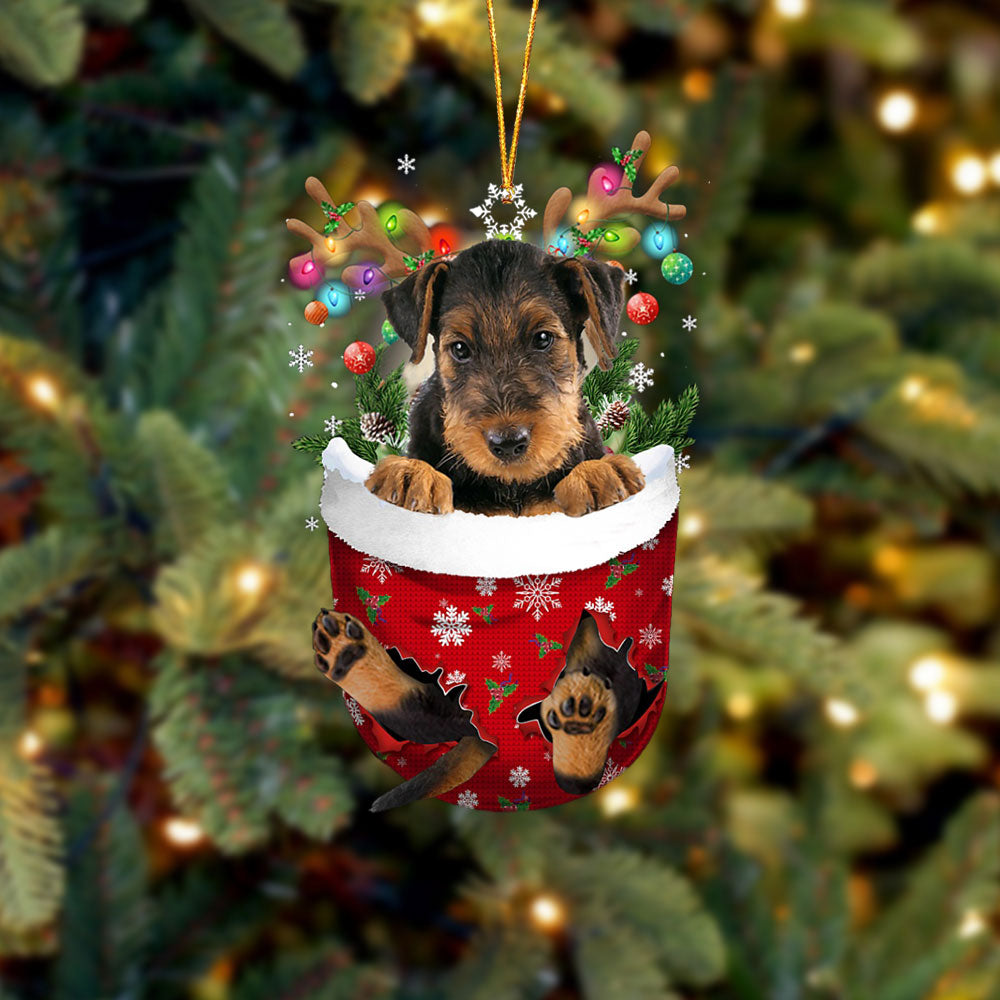 Airedale Terrier In Snow Pocket Christmas Ornament - Two Sided Christmas Plastic Hanging