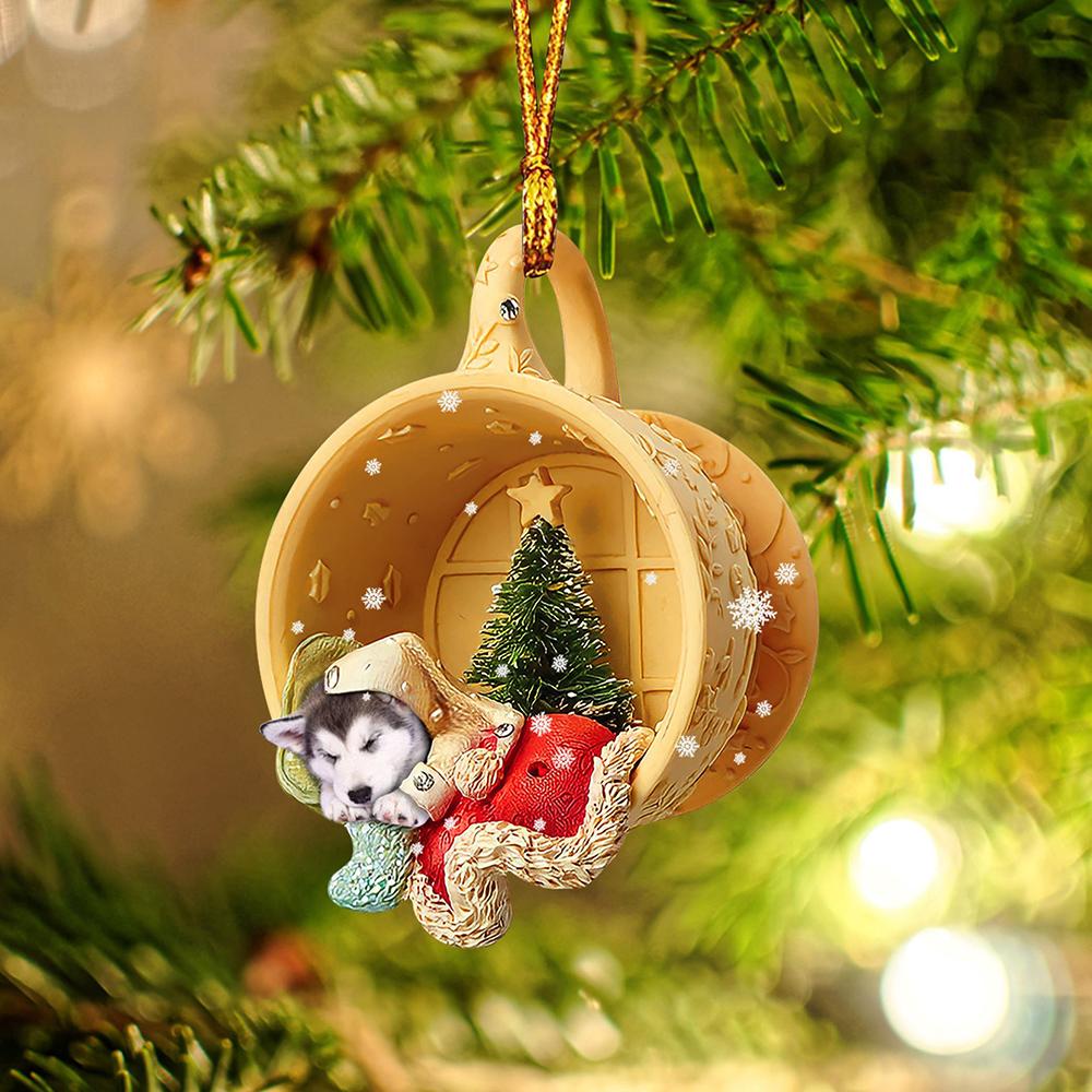 Alaskan Malamute Sleeping In A Tiny Cup Christmas Holiday Two Sided Ornament - Best Gifts for Dog Lovers