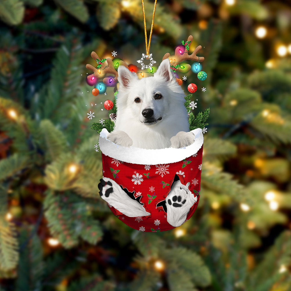 American Eskimo In Snow Pocket Christmas Ornament - Two Sided Christmas Plastic Hanging