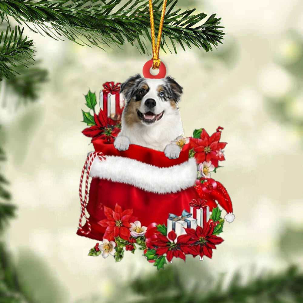 Australian Shepherd In Gift Bag Christmas Ornament - Car Ornaments - Gift For Dog Lovers