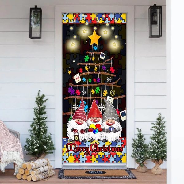 Autism Family Merry Christmas Door Cover – Front Door Christmas Cover  – Unique Gifts Doorcover