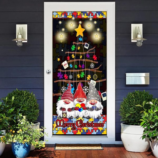 Autism Family Merry Christmas Door Cover – Front Door Christmas Cover  – Unique Gifts Doorcover