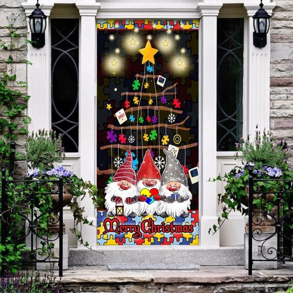 Autism Family Merry Christmas Door Cover – Front Door Christmas Cover  – Unique Gifts Doorcover