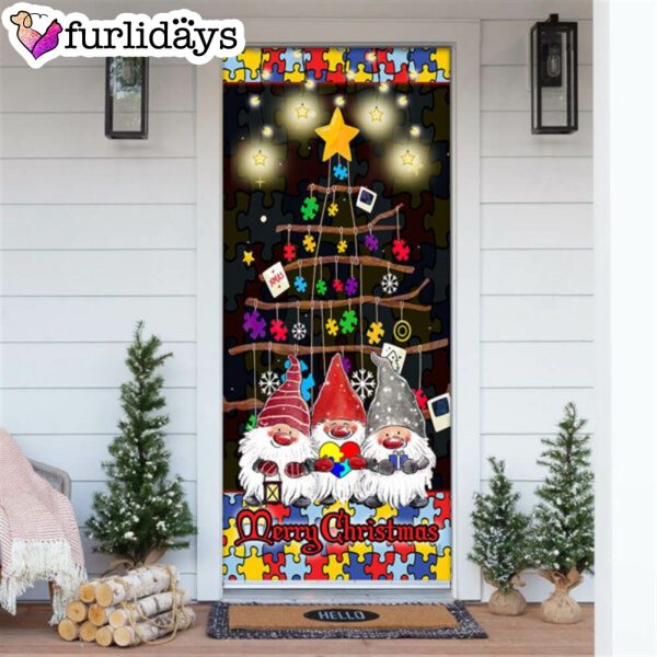 Autism Family Merry Christmas Door Cover – Front Door Christmas Cover  – Unique Gifts Doorcover