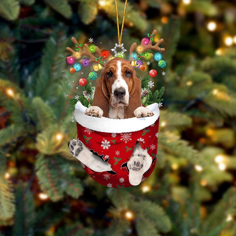 Basset Hound In Snow Pocket Christmas Ornament - Two Sided Christmas Plastic Hanging