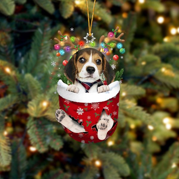 Beagle In Snow Pocket Christmas Ornament – Two Sided Christmas Plastic Hanging