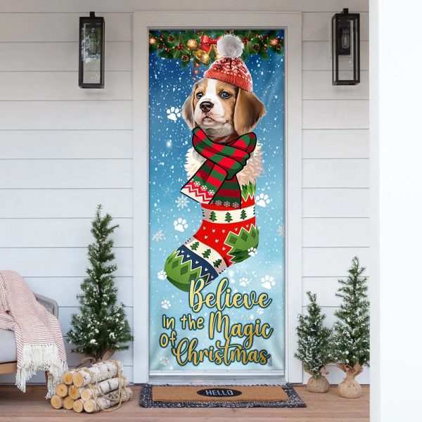 Beagle In Sock Door Cover – Believe In The Magic Of Christmas Door Cover – Christmas Outdoor Decoration – Gifts For Dog Lovers