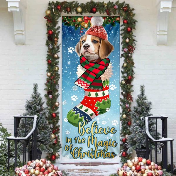 Beagle In Sock Door Cover – Believe In The Magic Of Christmas Door Cover – Christmas Outdoor Decoration – Gifts For Dog Lovers