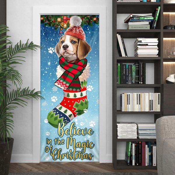 Beagle In Sock Door Cover – Believe In The Magic Of Christmas Door Cover – Christmas Outdoor Decoration – Gifts For Dog Lovers