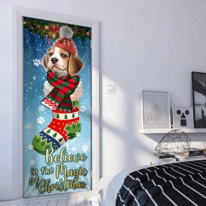 Beagle In Sock Door Cover Believe In The Magic Of Christmas Door Cover Christmas Outdoor Decoration Gifts For Dog Lovers 4