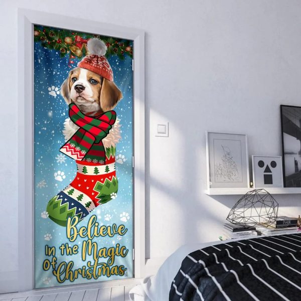 Beagle In Sock Door Cover – Believe In The Magic Of Christmas Door Cover – Christmas Outdoor Decoration – Gifts For Dog Lovers