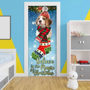 Beagle In Sock Door Cover Believe In The Magic Of Christmas Door Cover Christmas Outdoor Decoration Gifts For Dog Lovers 5
