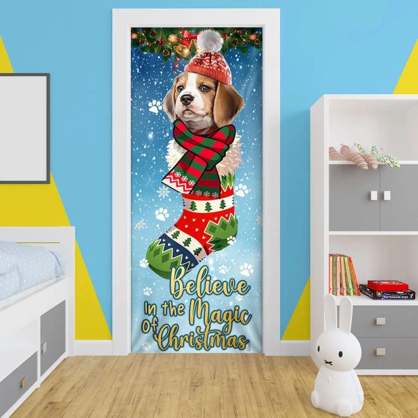 Beagle In Sock Door Cover – Believe In The Magic Of Christmas Door Cover – Christmas Outdoor Decoration – Gifts For Dog Lovers