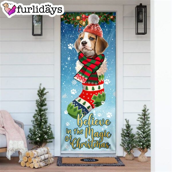 Beagle In Sock Door Cover – Believe In The Magic Of Christmas Door Cover – Christmas Outdoor Decoration – Gifts For Dog Lovers