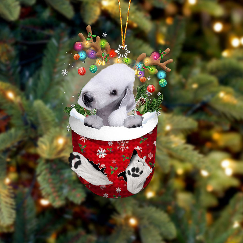 Bedlington Terrier In Snow Pocket Christmas Ornament - Two Sided Christmas Plastic Hanging