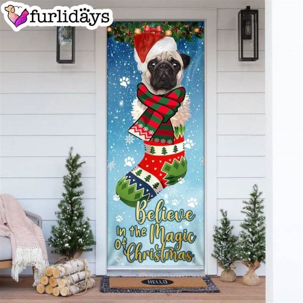 Believe In The Magic Of Christmas. Bulldog In Sock Door Cover – Xmas Gifts For Pet Lovers – Christmas Decor