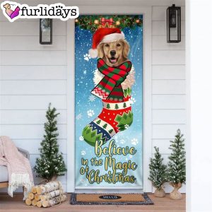 Believe In The Magic Of Christmas. Golden Retriever In Sock Door Cover Xmas Gifts For Pet Lovers Christmas Decor