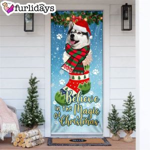 Believe In The Magic Of Christmas. Husky In Sock Door Cover Xmas Gifts For Pet Lovers Christmas Decor