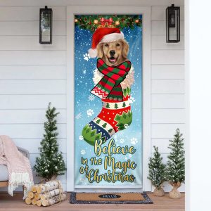 Believe In The Magic Of Christmas Golden Retriever In Sock Door Cover Xmas Outdoor Decoration Gifts For Dog Lovers 1
