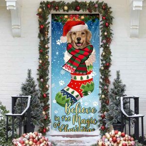 Believe In The Magic Of Christmas Golden Retriever In Sock Door Cover Xmas Outdoor Decoration Gifts For Dog Lovers 2