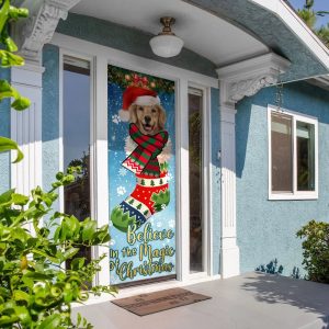 Believe In The Magic Of Christmas Golden Retriever In Sock Door Cover Xmas Outdoor Decoration Gifts For Dog Lovers 3
