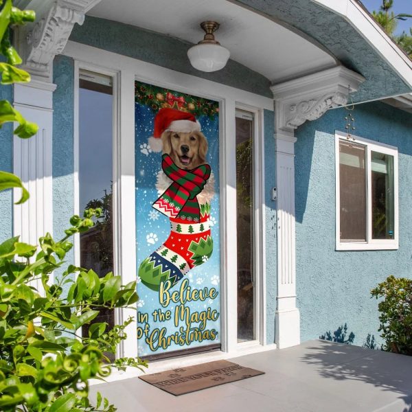 Believe In The Magic Of Christmas – Golden Retriever In Sock Door Cover – Xmas Outdoor Decoration – Gifts For Dog Lovers