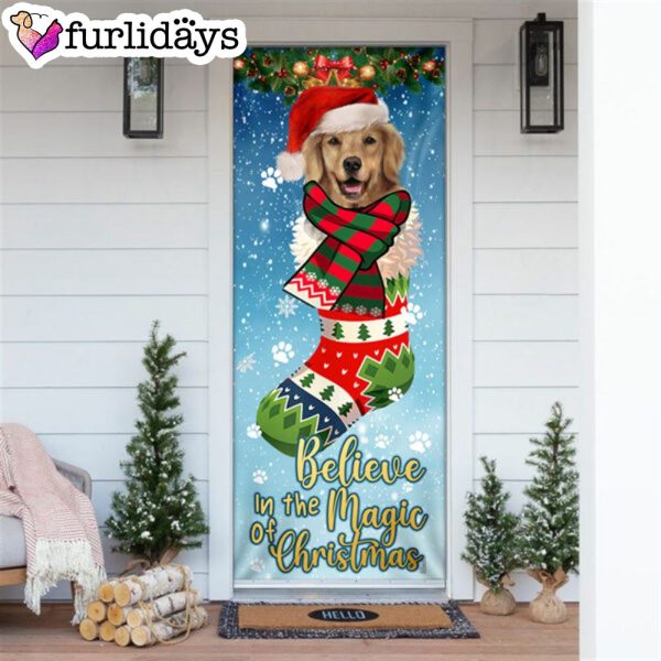 Believe In The Magic Of Christmas – Golden Retriever In Sock Door Cover – Xmas Outdoor Decoration – Gifts For Dog Lovers
