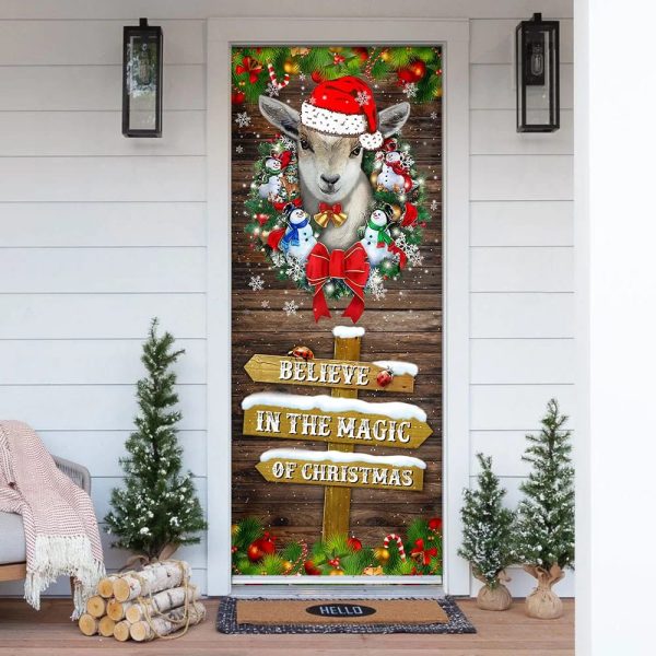 Believe In The Magic Of Christmas Door Cover – Goat Christmas Door Cover – Christmas Outdoor Decoration – Gifts For Dog Lovers