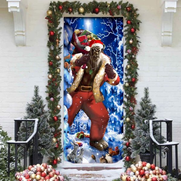 Bigfoot Door Cover Christmas Forest Decor – Front Door Christmas Cover – Unique Gifts Doorcover