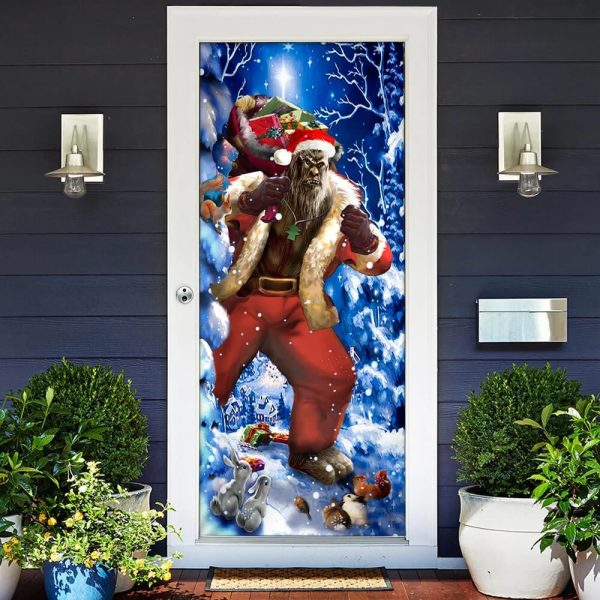 Bigfoot Door Cover Christmas Forest Decor – Front Door Christmas Cover – Unique Gifts Doorcover