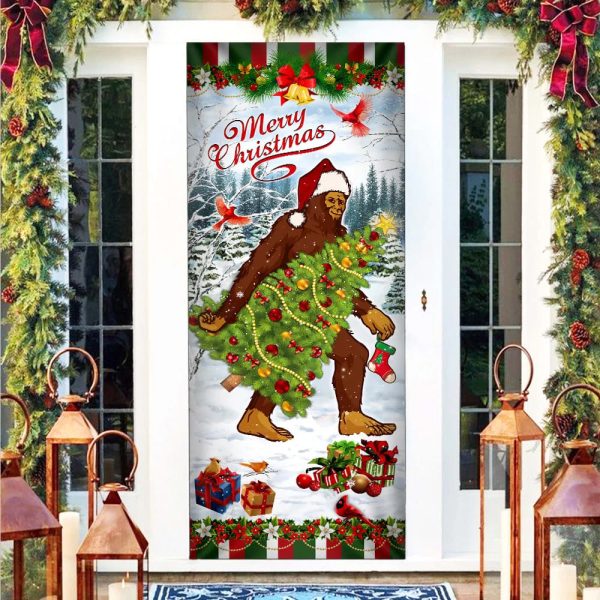 Bigfoot Wearing Santa Hat Christmas Door Cover – Front Door Christmas Cover – Housewarming Gifts