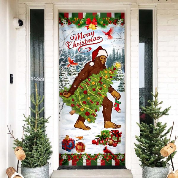 Bigfoot Wearing Santa Hat Christmas Door Cover – Front Door Christmas Cover – Housewarming Gifts