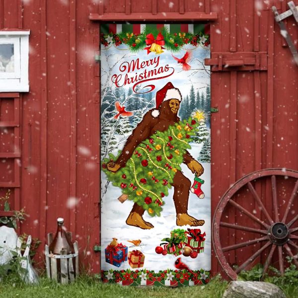 Bigfoot Wearing Santa Hat Christmas Door Cover – Front Door Christmas Cover – Housewarming Gifts