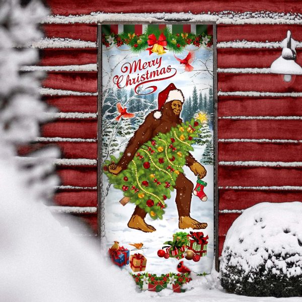 Bigfoot Wearing Santa Hat Christmas Door Cover – Front Door Christmas Cover – Housewarming Gifts