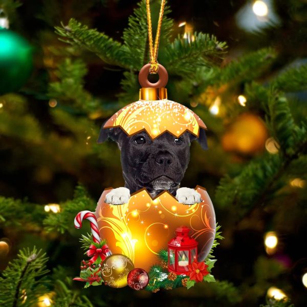 Black American Staffordshire Terrier In Golden Egg Christmas Ornament – Car Ornament – Unique Dog Gifts For Owners