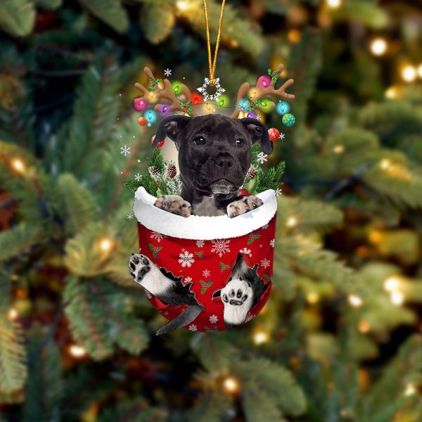 Black American Staffordshire Terrier In Snow Pocket Christmas Ornament – Two Sided Christmas Plastic Hanging