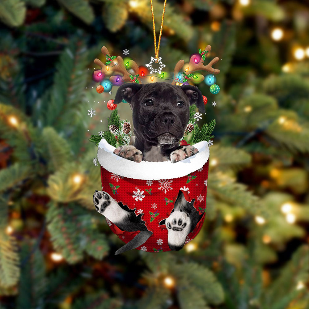 Black American Staffordshire Terrier In Snow Pocket Christmas Ornament_9882