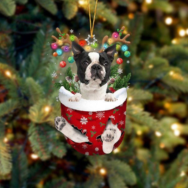 Black Boston Terrier In Snow Pocket Christmas Ornament – Two Sided Christmas Plastic Hanging