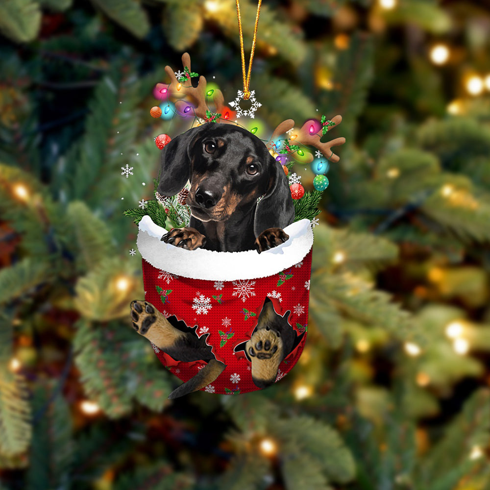 Black Dachshund In Snow Pocket Christmas Ornament - Two Sided Christmas Plastic Hanging