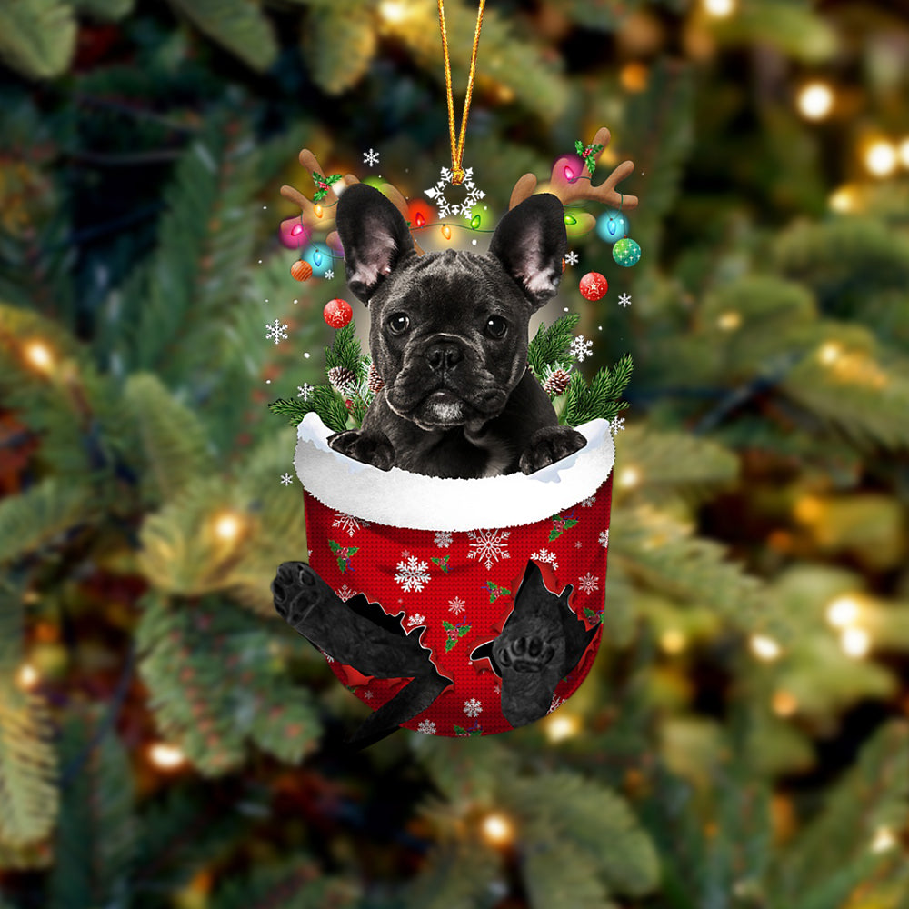 Black French Bulldog In Snow Pocket Christmas Ornament - Two Sided Christmas Plastic Hanging