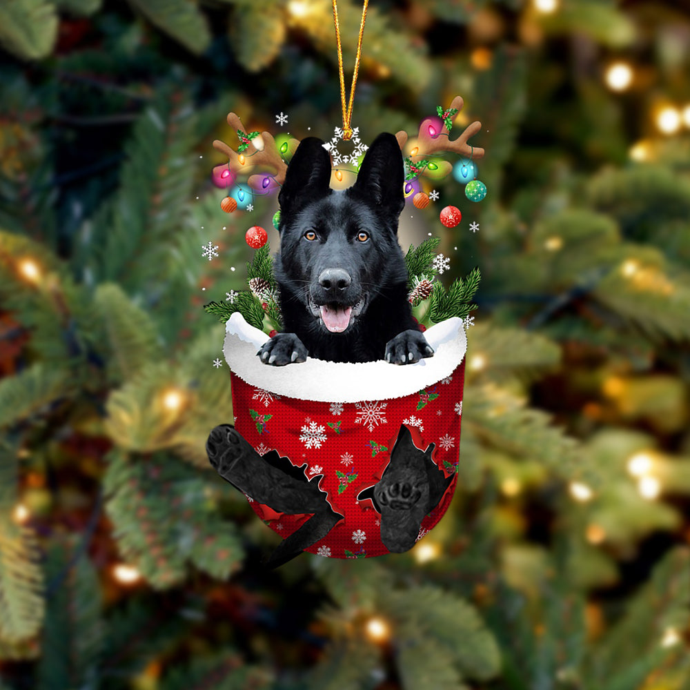 Black German Shepherd In Snow Pocket Christmas Ornament - Two Sided Christmas Plastic Hanging