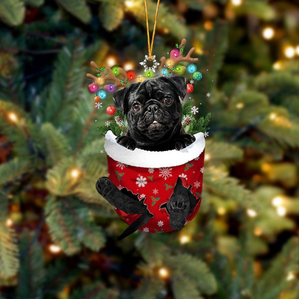 Black Pug In Snow Pocket Christmas Ornament – Two Sided Christmas Plastic Hanging