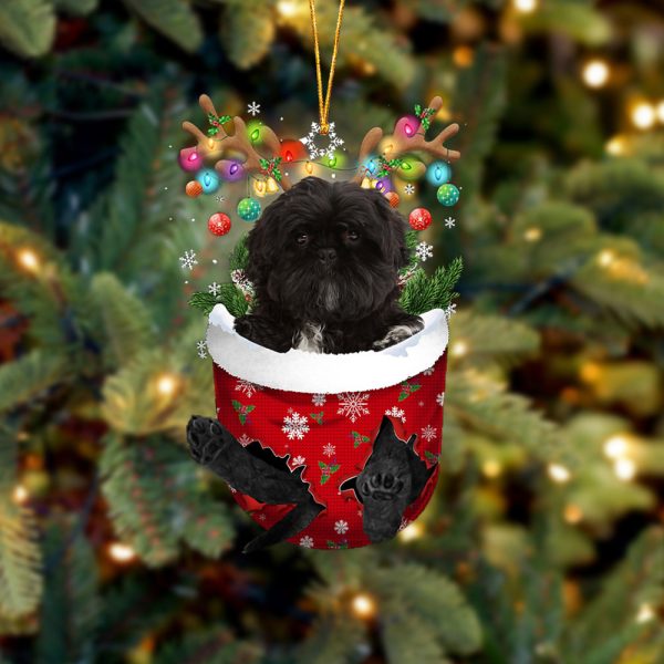 Black Shih Tzu In Snow Pocket Christmas Ornament – Two Sided Christmas Plastic Hanging