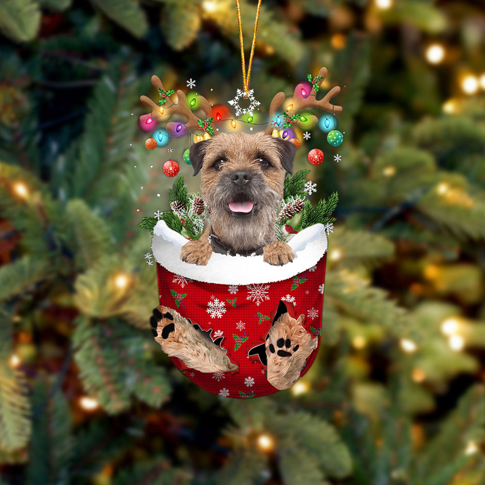 Border Terrier In Snow Pocket Christmas Ornament - Two Sided Christmas Plastic Hanging