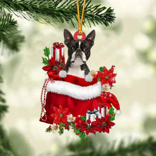 Boston Terrier In Gift Bag Christmas Ornament – Car Ornaments – Gift For Dog Lovers