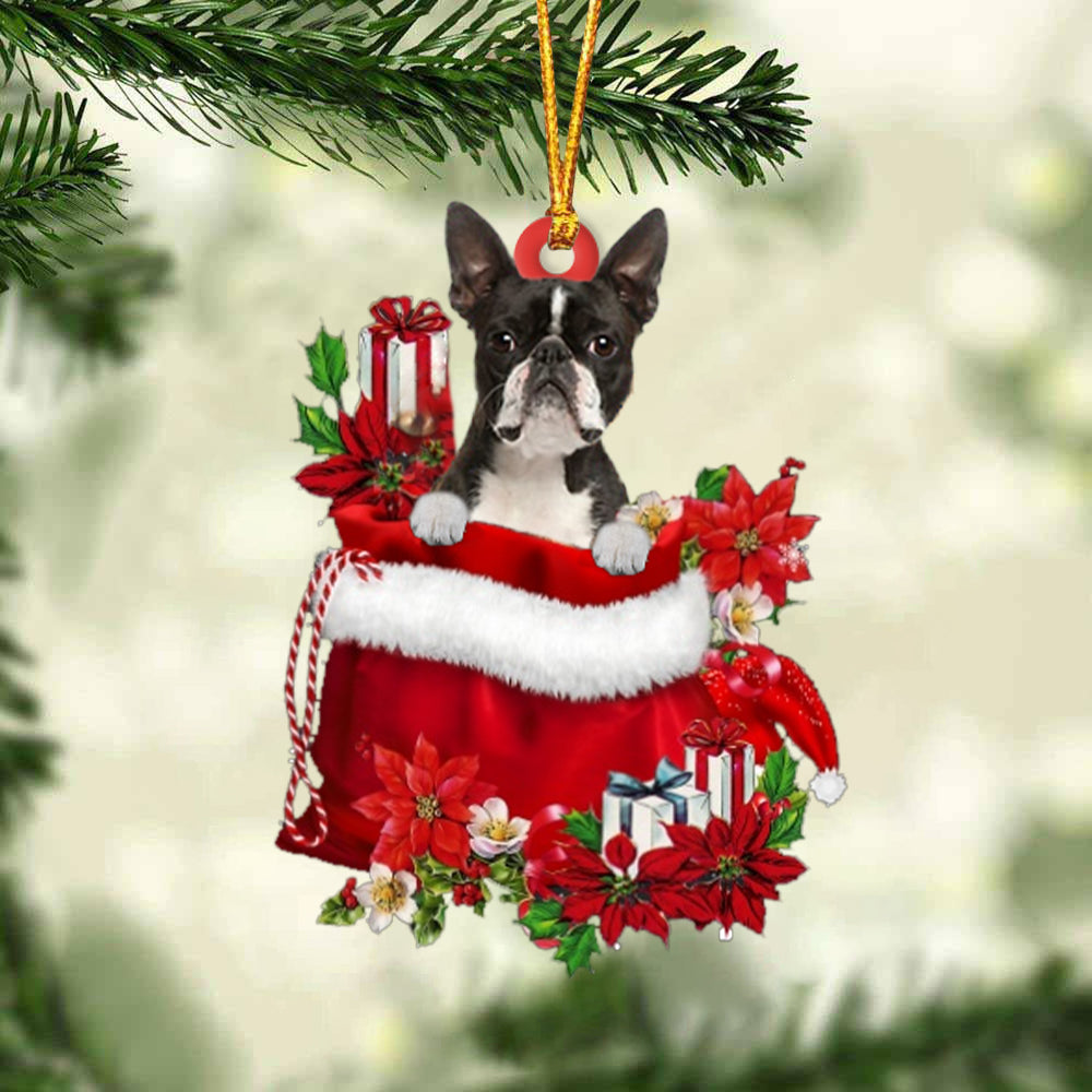 Boston Terrier In Gift Bag Christmas Ornament - Car Ornaments - Gift For Dog Lovers